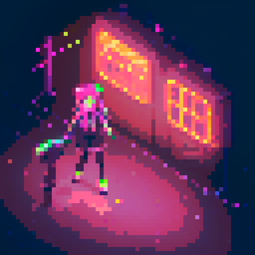Street Mage anime girl with flowing hair, fluorescent tattoos, and a pixelated sniper rifle, navigating through a purple neon-lit night market and an sRGB glow