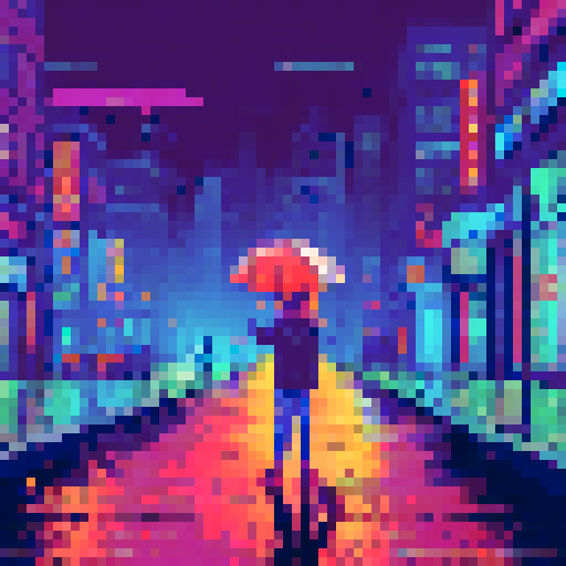 boy with messy hair, strumming guitar, raindrops falling, colorful umbrella, puddles reflecting neon lights, city skyline in the distance, buildings with pixelated windows, wet pavement shimmering, streetlights casting long shadows