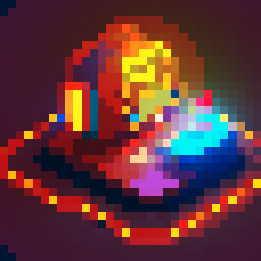 red alien spaceship, retro arcade, vibrant colors, blocky pixels, glowing lights, futuristic design, extraterrestrial technology, metallic sheen, angular shapes, low resolution, nostalgic aesthetic