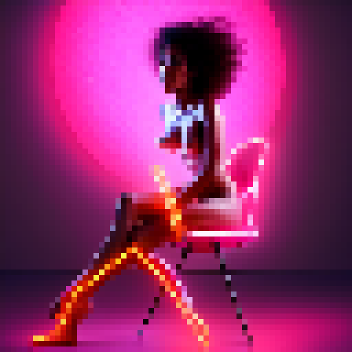 Makima, alluring and confident, perches nude atop a sleek black chair, her form illuminated by a neon pink glow, beckoning to the viewer in a hyperrealistic digital art style.