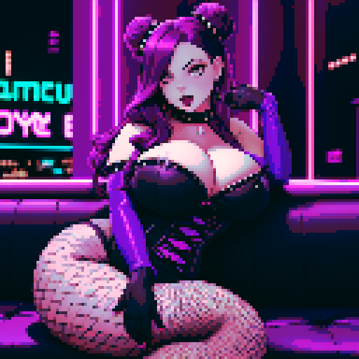 Portrait of Thicc, curvy, busty seductive goth babe with studded collar, long purple hair in buns, fishnet stockings, exposed breast, on couch in nightclub, neon signage. pixel art, sRGB.
