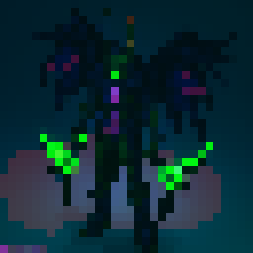 Demon hunter pixel art character, purple background, facing forward, full body, green warglaives in each hand, horns on head, purple skin, demonic glyphs on skin, world of warcraft inspired, game asset