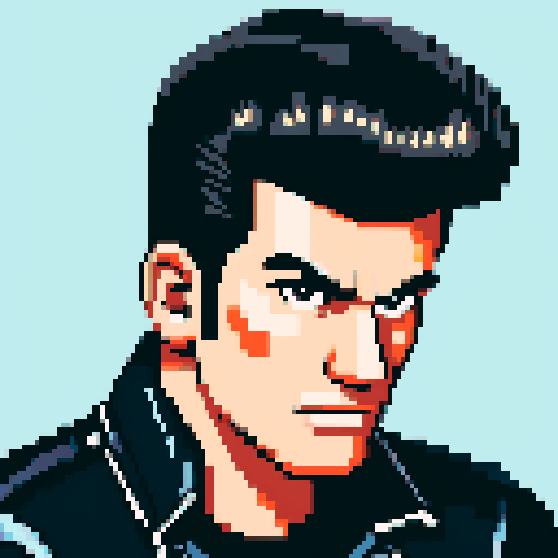 Muscular, tough greaser man with a pompadour hairstyle, wearing a motorcycle jacket, pixel art, sRGB colors, portrait, face avatar