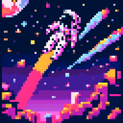 astronaut floating in zero gravity, vibrant colors, blocky pixels, retro video game, 8-bit, space helmet, space suit, stars shining, celestial background, space shuttle, moon in the distance