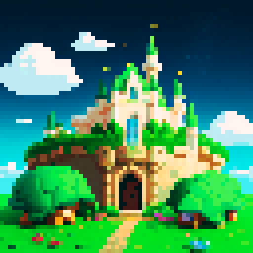 With clouds, a castle and a starry sky in the background, a little green turtle walks through this green, pixelated land. 