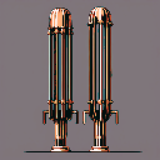 I want a tall vertical copper structure reminiscent of a organ pipe. It should have strange mechanical details that could interlock with each other. I also want this object usable an asset in a videogame, meaning only one object per image, outlined with a strong black stroke, on a solid-color background.
