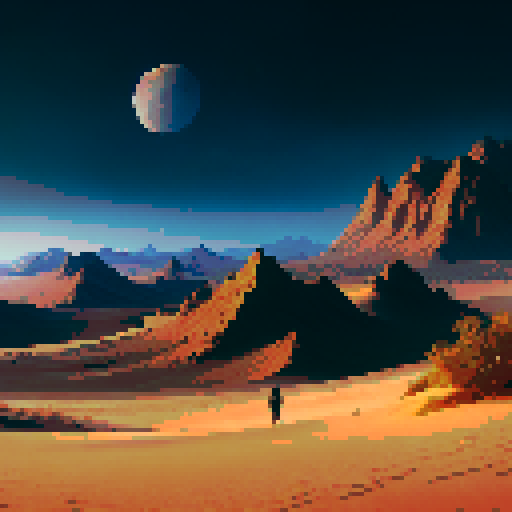 desert with many dunes at night, the sand is gray and there is a crescent moon in the dark sky