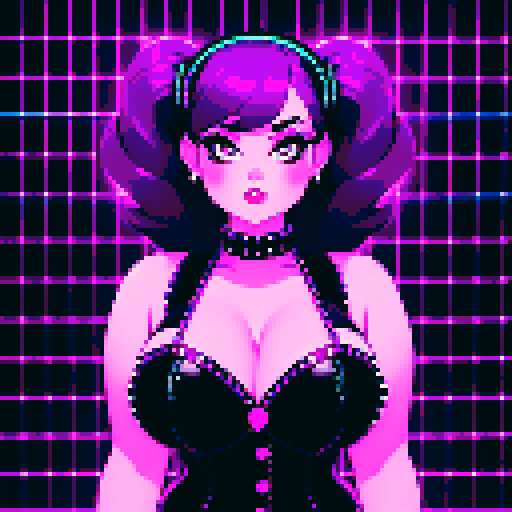 curvy, busty goth girl with studded collar. Wearing Halter top. Pin-up style pose. Neon lighting, modern tile backsplash