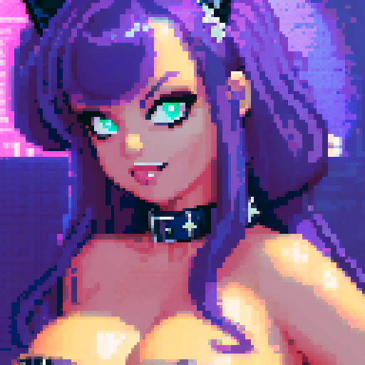 curvy, busty goth babe with studded collar. Nude big titty goth cat girl , in a close up nude glamour shot. Neon lighting, modern tile backsplash.
