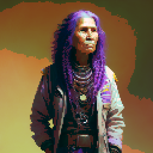 elderly native American woman with purple hair in short braids, and a soft smile