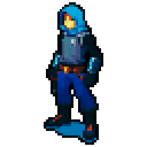 Game character rogue-like game with 2D platformer view, regular guy with weapon and hand pet, cyberpunk, gray background, 16-bit, controls time, gray background
