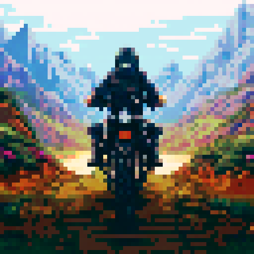 Royal Enfield Himalayan bike parked on rocky terrain, surrounded by towering mountains, with a vibrant sunset sky in the background, all depicted in a pixel art style and in center having Name SPROOKE