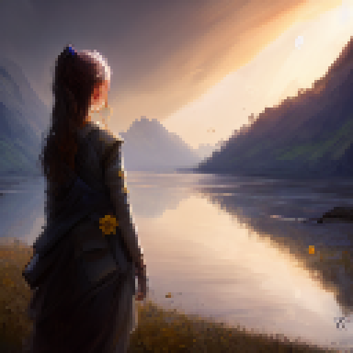 the Girl Stand at the river near the window and she sad, the yellow sky, Flower fall on the ground with dargon