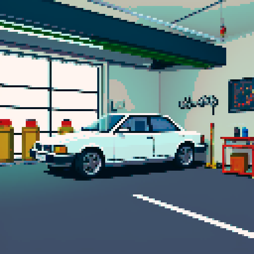 Car service, garage, car with open hood, engine, tools, tables, oil