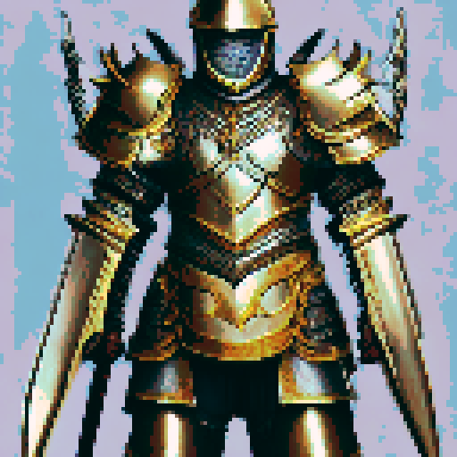 Golden chain mail glinting in the sunlight, intricate engravings of dragons and lions etched into every inch, a majestic helmet adorned with a fierce eagle crest, and a pair of gauntlets that could crush a boulder - all at 5 scale, perfect for a game asset