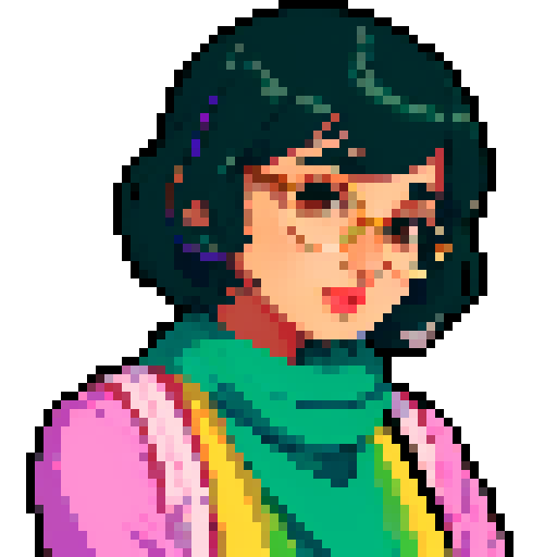 portrait, sprite art, young south asian woman, queer, eccentric, cozy, cute, soft eyes, smart, nerd, muted colors