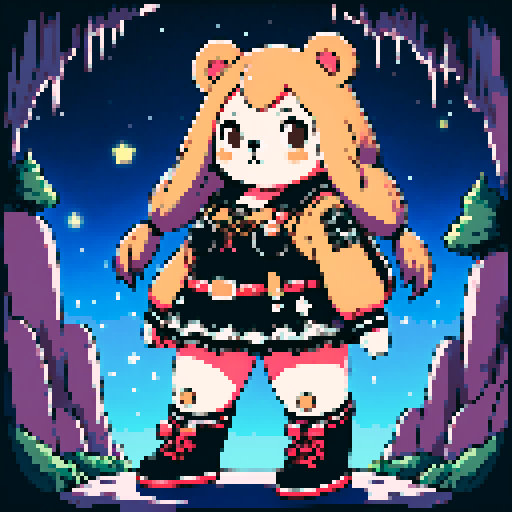 A graphic depiction of a chubby puffy bear in retro 1995 anime style, chibi form, half body, with expressive black eyes and brown fur, styled with long twin pigtails. Wearing magical clothes with intricate belts and patches. Background of a wild magic night with a dark waterfall and bright stars. Created Using: classic anime aesthetics, detailed magical garments, enchanting night setting, vivid portrayal, star reflections, dynamic composition, hd quality --ar 2:3 --v 6.0 niji