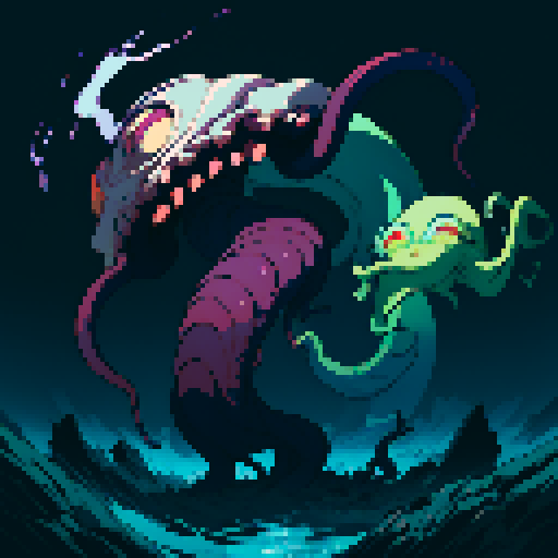 eldritch being, tentacles writhing, full body floating, brain pulsating, many eyes staring, eyeballs bulging, no humans, monsyer, sRGB pixel art