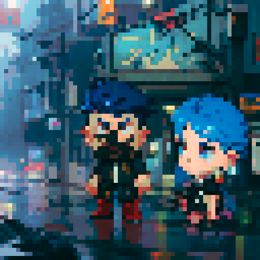 blue haired girl smoking cigarette, and man on the left holding a gun, night time rainy streets, grim