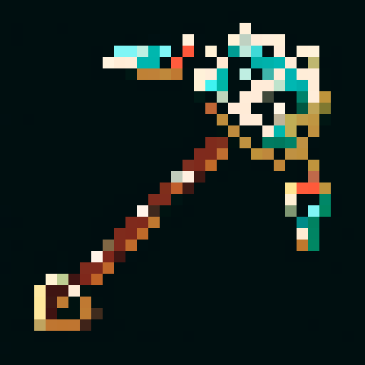 minecraft pickaxe, carved wooden handle, stone head, intricate tribal patterns