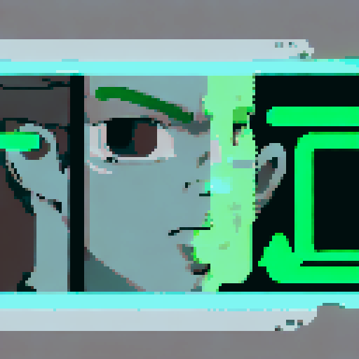 Half man, half machine with slicked back hair, neon green eyes, and a leather jacket exhales smoke from his cigarette in a pixelated anime close-up portrait