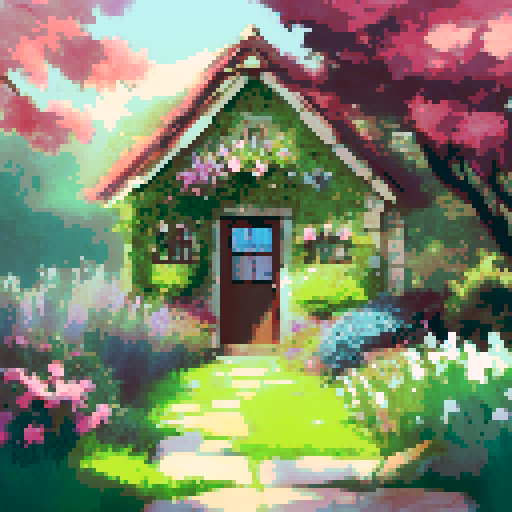 Cute cottage-core garden outside of a little witchy bungalow, shrouded in ivy and lost inside a dense forest