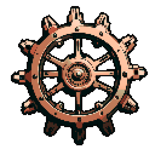 I want a copper gear that looks like it was made by a master clockmaker. It should have strange mechanical details that could interlock with each other. I also want this object usable an asset in a videogame, meaning only one object per image, outlined with a strong black stroke, on a solid-color background.