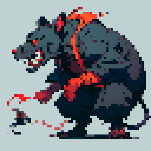 Big, deadly rat, menacingly standing on hind legs, sharp teeth bared, glowing red eyes, pixel art, vibrant sRGB colors