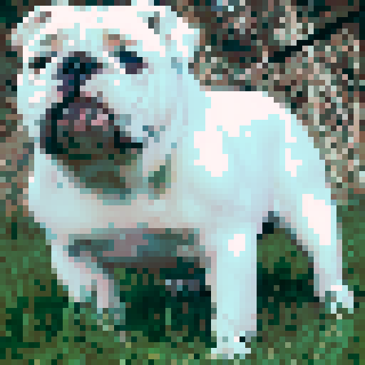 prestigious all white English bulldog, pixel art, sRGB, confident stance, detailed wrinkles, expressive eyes, elegant posture, subtle shading, vibrant colors, clean lines