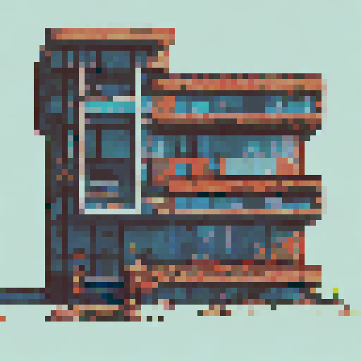 Pixel art building designs for a story-driven point and click game, inspired by dystopian nature overgrown buildings and japanese city architecture. Use Igor Lashtabega, butterberrycafe, and similar artists as inspiration. Create such a building design with neutral colored background