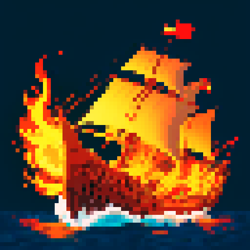 16th century cog sailing the sea on fire
