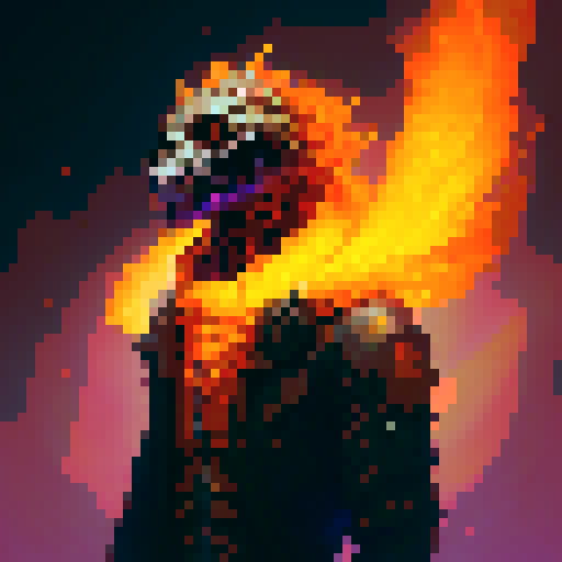 Skeleton engulfed in roaring flames, pixelated profile picture, capturing the essence of a fantasy RPG