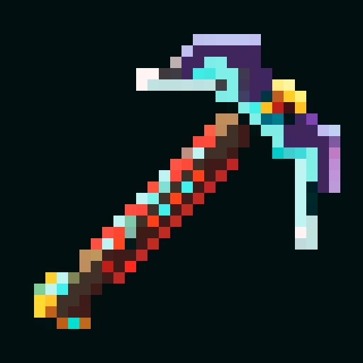 minecraft pickaxe, carved wooden handle, stone head, intricate tribal patterns, vibrant colors