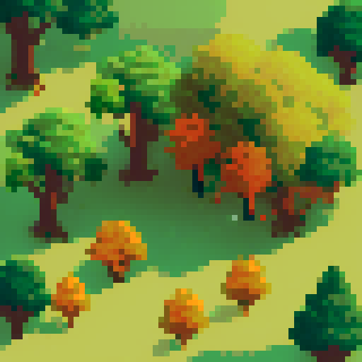 Evergreen and deciduous tree sprites intertwined in a luscious forest, with vibrant green leaves and warm autumn hues, all depicted in charming pixel art