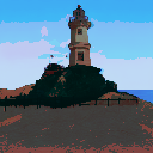 Landscape, vibrant colors, swirling clouds, towering lighthouse, crashing waves, rocky cliff, dramatic sunset