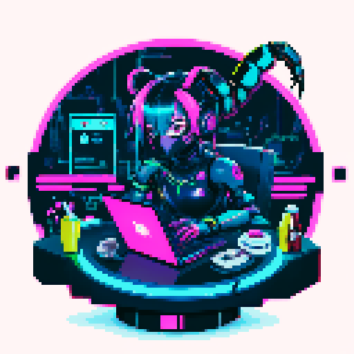 cute cyberpunk scorpion with human head, human head is from anime inspired character with vibrant hair, expressive eyes, a playful smile, and a mouth mask, scorpion is playing computer games, tables with potato chips and coca cola, scorpion's tail should be fully in the picture, bright yellow and cyan and pink lights