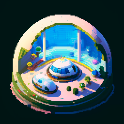 rounded spaceship interior, smooth curved walls, large windows showing space, gachapon-like design, cryo-pod in the center, pixel art, sRGB