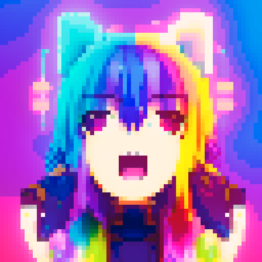Pixelated anime girl with fluffy cat ears, surrounded by neon lights and vibrant colors, striking a playful pose with a mischievous glint in her eyes