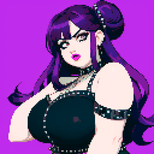 Face Portrait of Thicc, curvy, busty goth babe with studded collar, long purple hair in buns, fishnet stockings, studded halter top, posing sexy. pixel art, sRGB.