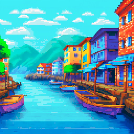 Island port town with bustling fish markets, narrow cobblestone streets, and quaint two-story homes pixel art with a focus on the vibrant ocean backdrop and bustling market activity. Make sure its a usable tile set that I can prepare to perfect and finetune to use in my upcoming rpg game.
