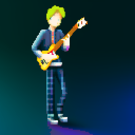 hacker boy with electric guitar in a rainy day, pixel art