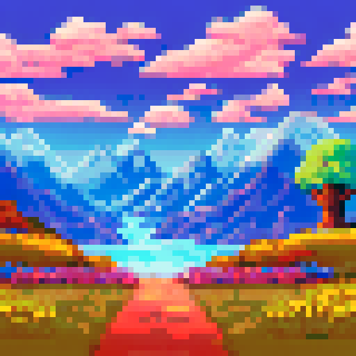 mountain peaks, fluffy clouds, shining sun, rolling hills, vibrant flowers, tranquil lake, towering trees, winding path, distant horizon, peaceful meadow