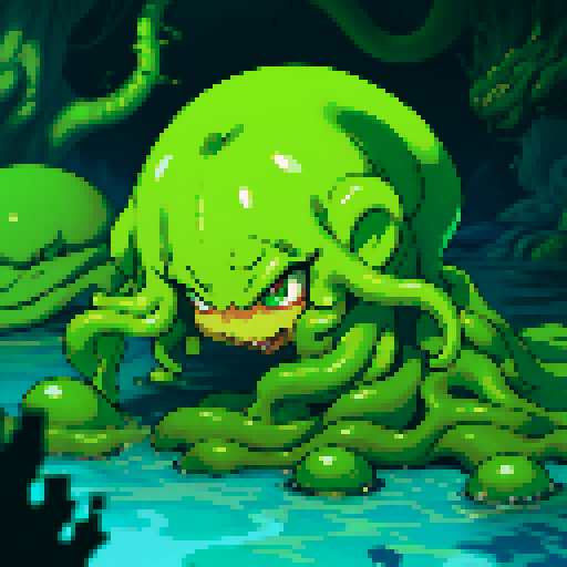 slimy, green, tentacled, amorphous, vibrant, slime monster, sRGB, pixel art