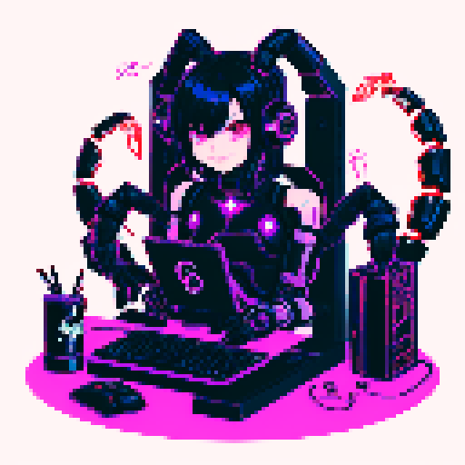 cute cyberpunk scorpion with human head, human head is from anime inspired character with vibrant hair, expressive eyes, and a playful smile, scorpion is playing computer games, tables with potato chips and coca cola, scorpion's tail should be fully in the picture