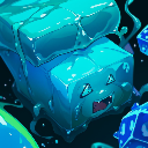 Blue Slime cube, Gelatinous cube, wearing crown, giant Slime, boss fight