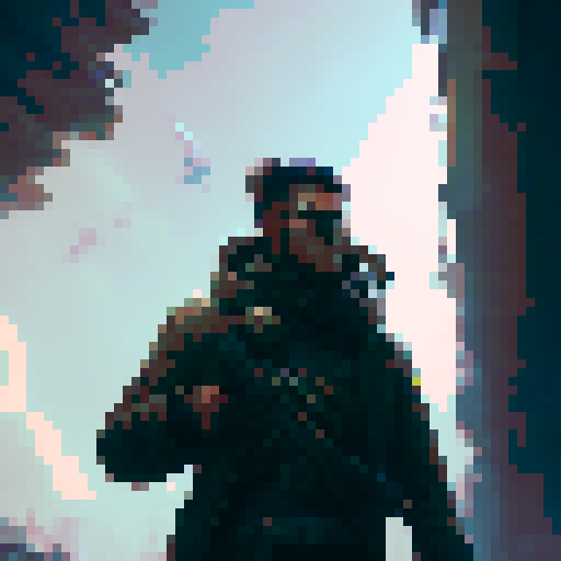 Steampunk hunter dressed with long coat with rifle on back and pistol on hand viewed from top down perspective