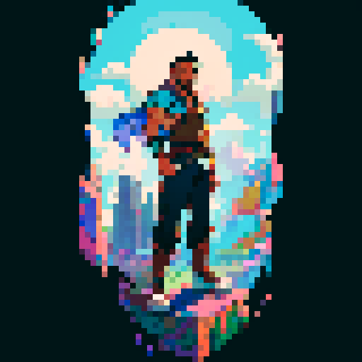 hispanic man, confident expression, heroic pose, full body, pixel art, solid color background, sRGB