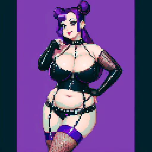 Portrait of Thicc, curvy, busty goth babe with studded collar, long purple hair in buns, fishnet stockings, studded halter top, posing sexy. pixel art, sRGB.