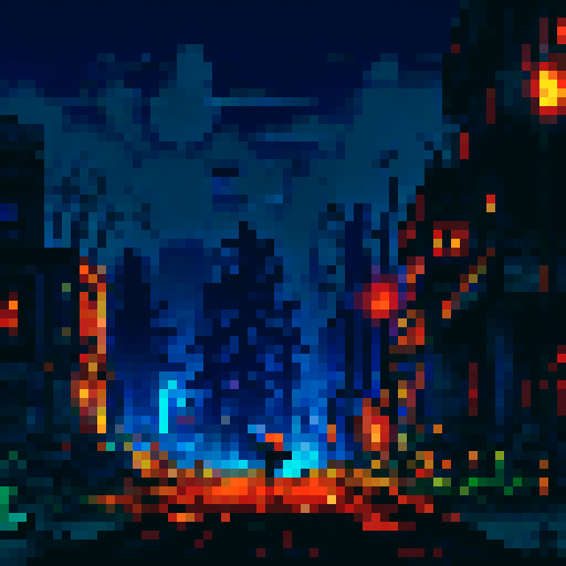 Zombie horde marching towards dilapidated buildings, abandoned streets covered in eerie darkness, flickering streetlights casting eerie shadows, overgrown vegetation reclaiming desolate landscape, broken windows reflecting scattered debris in 2D top-down pixel art style with sRGB colors, creating a haunting background landscape