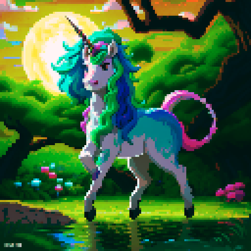 mystic druid wild woman unicorn faun hybrid bathed in moonlight, with a playful demeanor, cloven hooves, showcasing its full body in pixel art style with vibrant sRGB colors